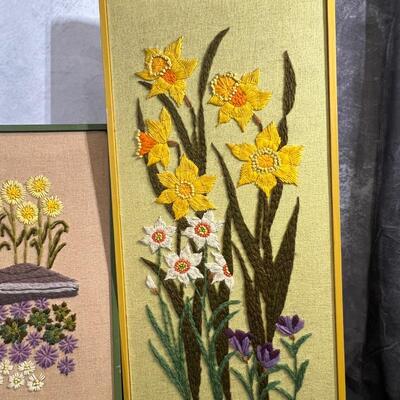 3 Framed 70's Ebrombroder Flowers, 1 @ 18"x22" & 2 @ 12"x26"