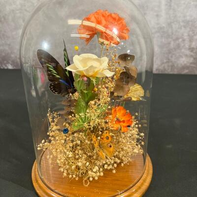 Glass Domed Display of Butterflies and Flowers