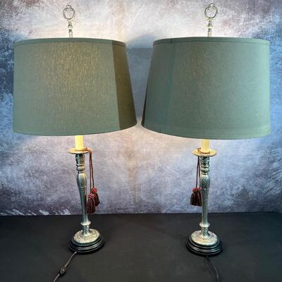 2 Metal Candle Stick Lamps 6"x38", 19" Shade