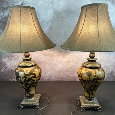 2 Ceramic Floral Lamp Bases 42.5"H W/ 14" Shade