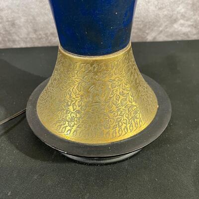intage Brass Lamp W/ Blue Ceramic 42.5"H W/ 14" Shade