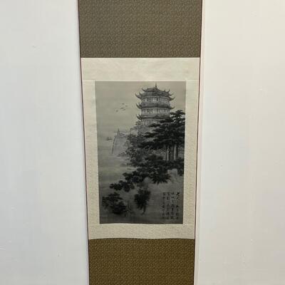 Chinese Tan & Blue Silk Scroll of Temple 26"x77"