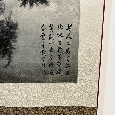 Chinese Tan & Blue Silk Scroll of Temple 26"x77"