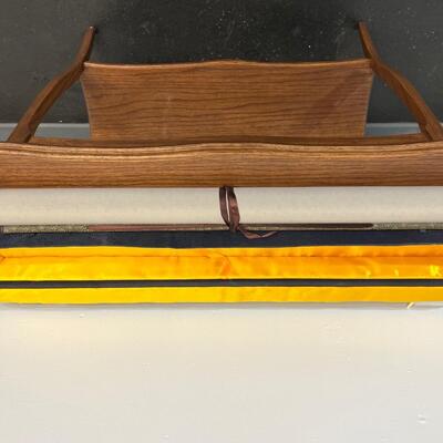 Chinese Tan & Blue Silk Scroll of Temple 26"x77"