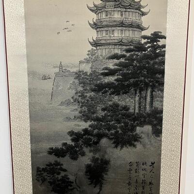 Chinese Tan & Blue Silk Scroll of Temple 26"x77"