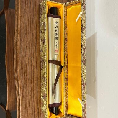 Chinese Gold Silk Scroll of Mountains 11.5"x41"