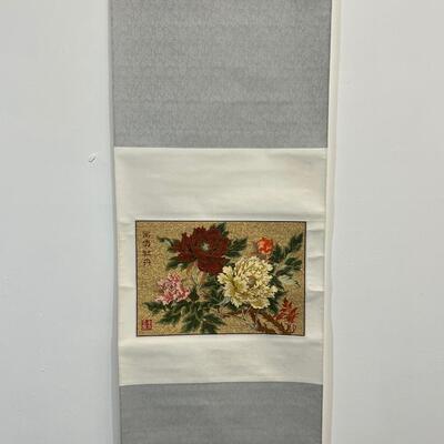Chinese Grey Silk Scroll W/ Flowers 17.5"x46"
