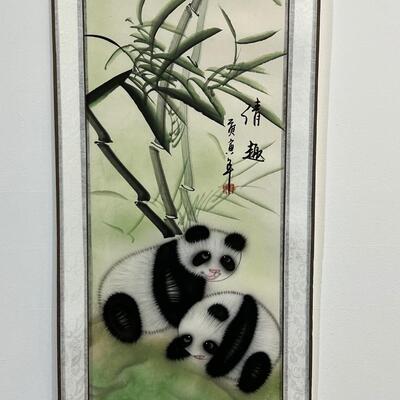 Chinese White Silk Scroll W/ Pandas 12"x63"