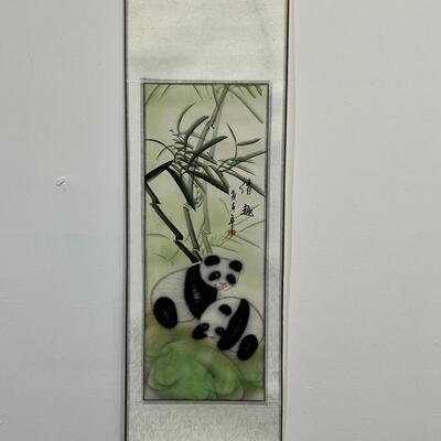 Chinese White Silk Scroll W/ Pandas 12"x63"
