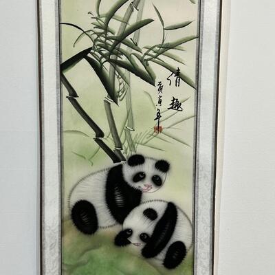 Chinese White Silk Scroll W/ Pandas 12"x63"