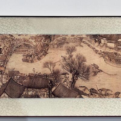 Chinese Gold & Blue Silk Scroll of River 12"x45"