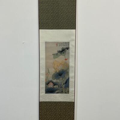 Chinese Green & Blue Silk Scroll W/ Flowers 11.5"x45"