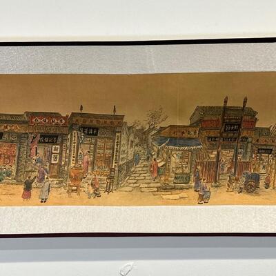 chinese off white silk scroll w/ long view of village