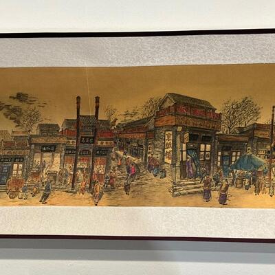 chinese off white silk scroll w/ long view of village