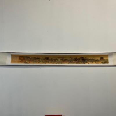chinese off white silk scroll w/ long view of village
