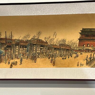 chinese off white silk scroll w/ long view of village