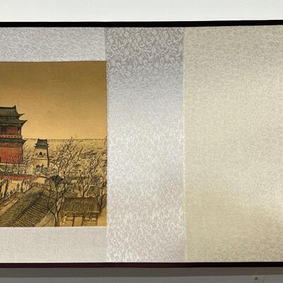 chinese off white silk scroll w/ long view of village