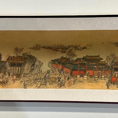 chinese off white silk scroll w/ long view of village