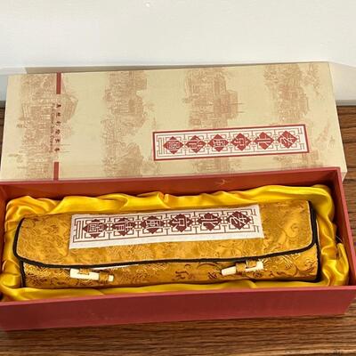 chinese off white silk scroll w/ long view of village