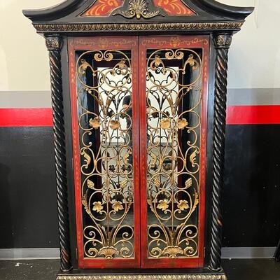 Red & Black Ornate Curio w/ glass shelves