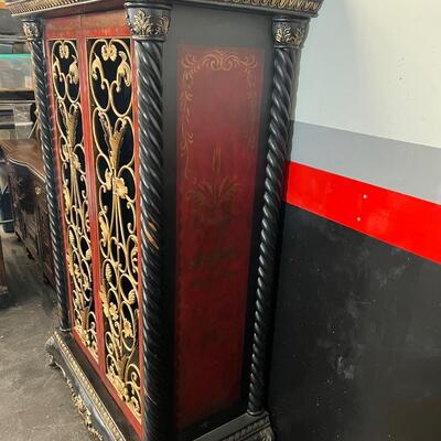 Red & Black Ornate Curio w/ glass shelves