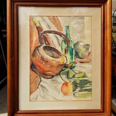 Art- mid-century expressionist abstract still life watercolor under glass