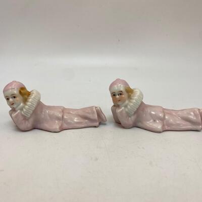 Vintage Pale Pink Harlequin Clown Figurines Laying Down Japan