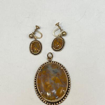 Vintage Polished Stone Pendant with Matching Screw Back Earrings