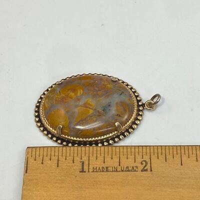 Vintage Polished Stone Pendant with Matching Screw Back Earrings