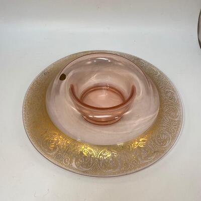Vintage Antique Pale Pink Depression Glass Console Bowl 22k Gold Edge Art Nouveau Deco