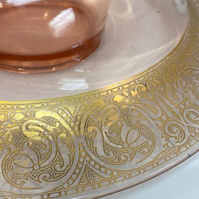 Vintage Antique Pale Pink Depression Glass Console Bowl 22k Gold Edge Art Nouveau Deco