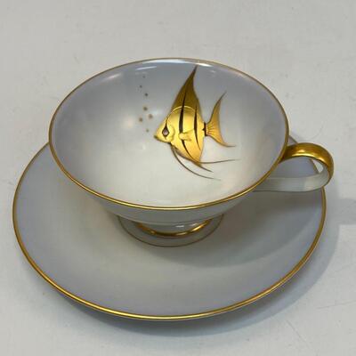 Vintage Midcentury Heinrich H&Co Selb Bavaria Gold Angel Fish Teacup & Saucer