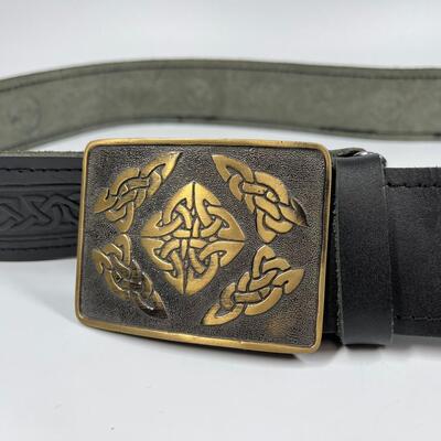 Celtic Pattern Leather Belt & Buckle Size 54