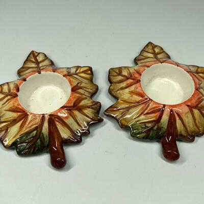 Pair of Ceramic Fall Autumn Leaves Candle Holder