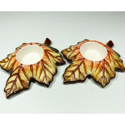 Pair of Ceramic Fall Autumn Leaves Candle Holder