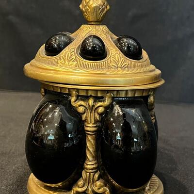 Brass & Black Glass Jar Vintage, With Lid