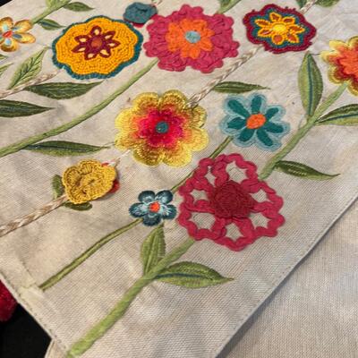 Floral Embroidered Pom-Pom Table Runner