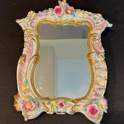 Porcelain Mirror Limoges, White & Pink Floral 