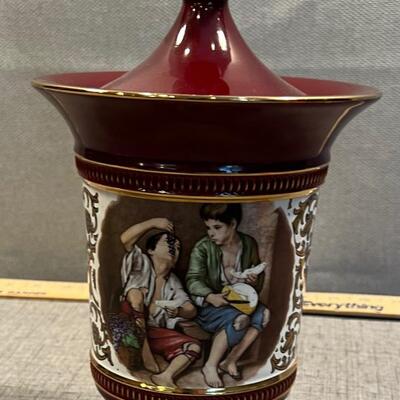 Italian Ceramic Jar Footed with Lid, Burgundy Color