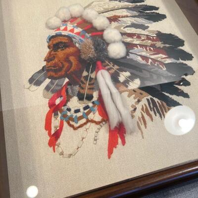 ART Native American Embroidered Framed Under glass 