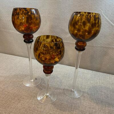 3 Large Glass Brown& Black Candle Holders