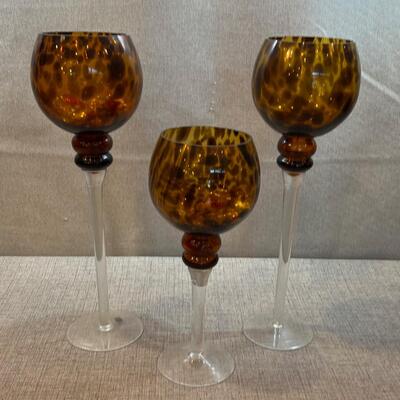 3 Large Glass Brown& Black Candle Holders