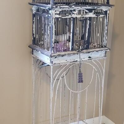 Lot 59: Antique Birdcage on a White Metal Stand