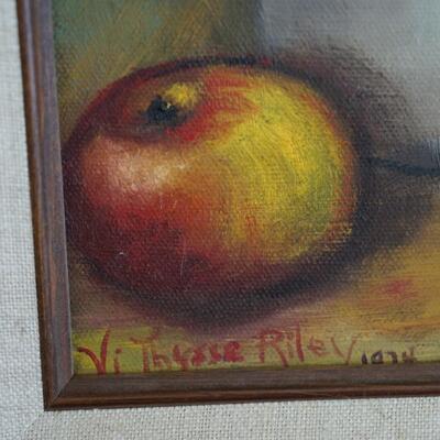 OIL ON BOARD OF APPLES IN BRASS PAIL WITH CERAMIC JUG SIGNED RILEY.