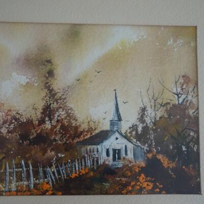 ORIGINAL WATERCOLOR OF LITTLE WHITE COUNTY CHURCH IN FALL SCENE