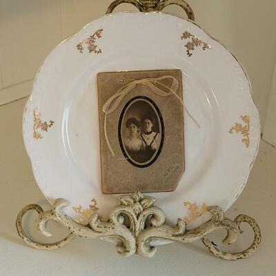 Lot 69: Antique China Plate & Antique Photograph Assemblage with Ornate Metal Stand