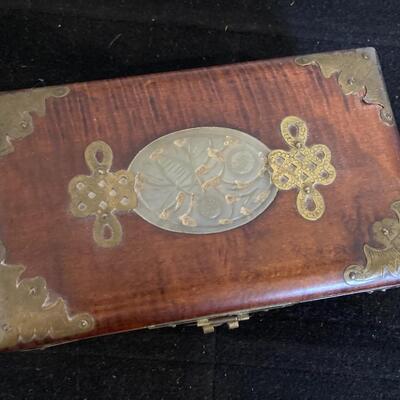 Wood and Brass Jewelry Box with Jade Top and Lock 6.5â€w x 4â€d