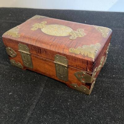 Wood and Brass Jewelry Box with Jade Top and Lock 6.5â€w x 4â€d