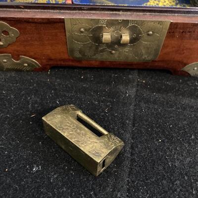 Wood and Brass Jewelry Box with Jade Top and Lock 6.5â€w x 4â€d