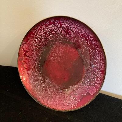 Vintage enamel copper plate Mid Century Modern abstract design dish 9.5â€